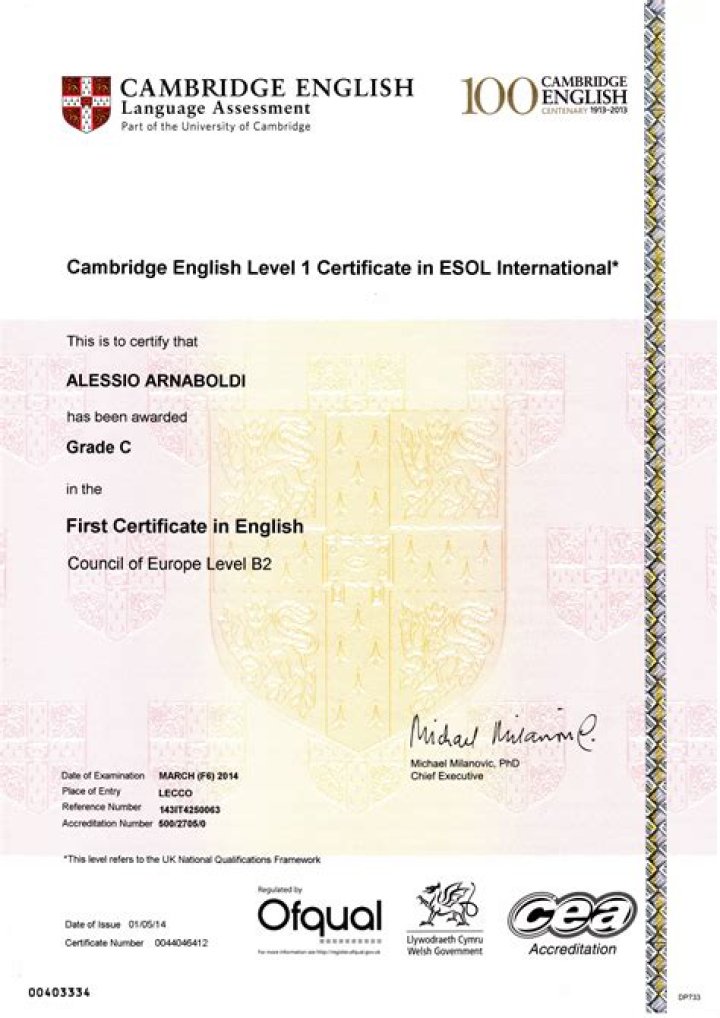 What level is First Certificate in English?
